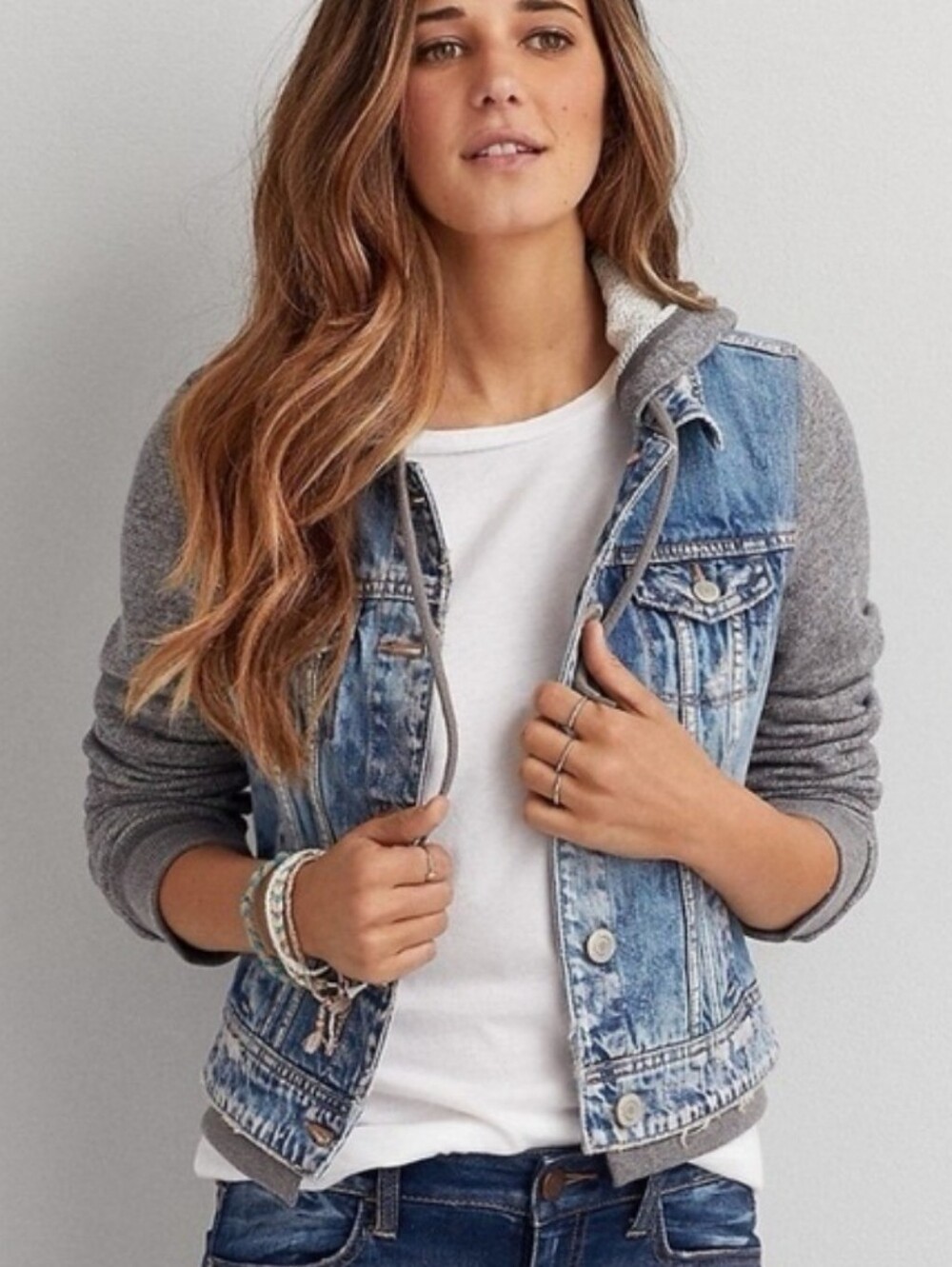 AEO Denim & Gray Knit Hoodie
